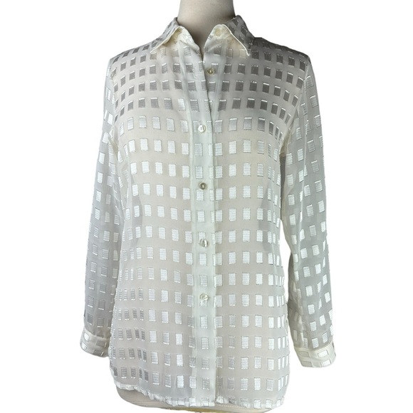 Vintage 90’s Sheer Cream & Metallic Gold Geometric Button Down Shirt Med Petite - Picture 1 of 16